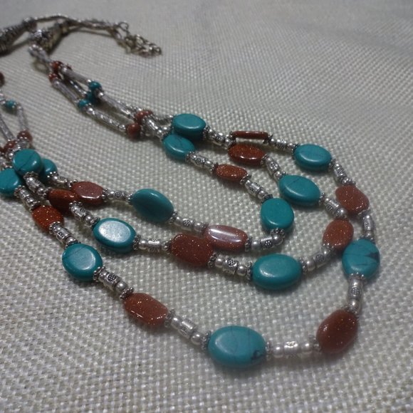 Tribal "TURQUOISE & GOLD SUNSTONE" Handmade Sterling Necklace Size 22" #962A - Picture 1 of 3